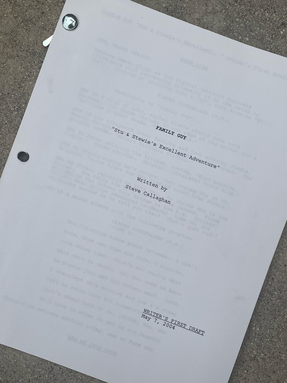 Family Guy 2004 Production Used 1st Draft Script Stu&Stewies Excellent Adventure